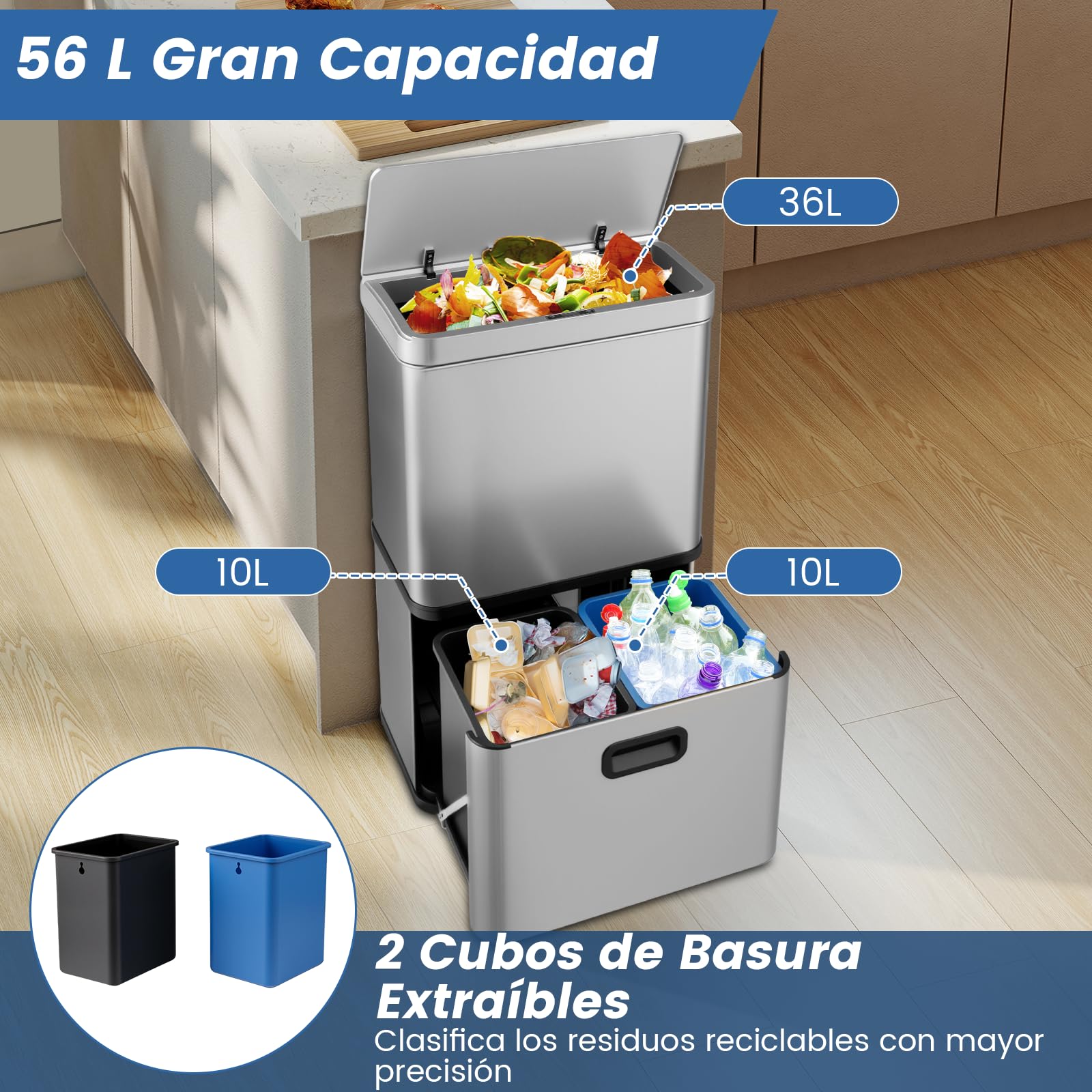 COSTWAY Cubo de Basura Automático 56L, Papelera Cocina de Reciclaje Inteligente con 3 Compartimentos, Tapa Automática, 2 Cubos Extraíbles, Cubos Basura con Sensor de Acero Inox para Cocina (Plateado)