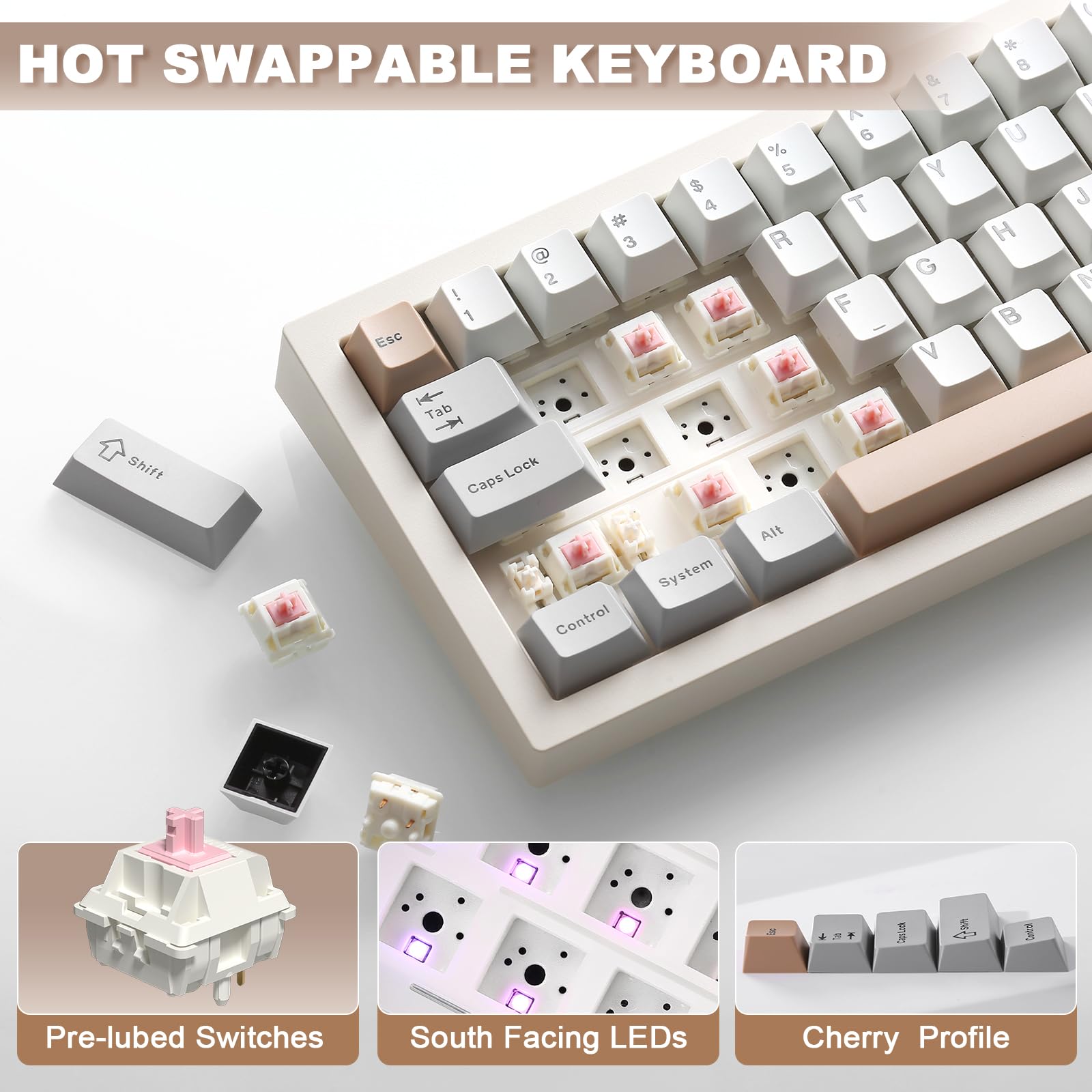 YUNZII IF68 QMK/Via Clavier Gamer Mécanique sans Fil (Beige, Candy) | Format 65% avec Écran TFT et Bouton Rotatif, Bluetooth/2.4G/Filaire, Hot-Swap, PBT, RGB, QWERTY, pour PC/Mac