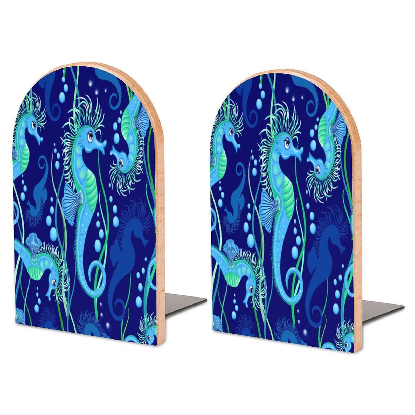 Hxywqa Multi2 Sturdy Bookend Blue Sea Horse 2 Thickened Bookends S Wooden Storage Bookshelf, Suitable For Home, Office, Study Room, School, Library