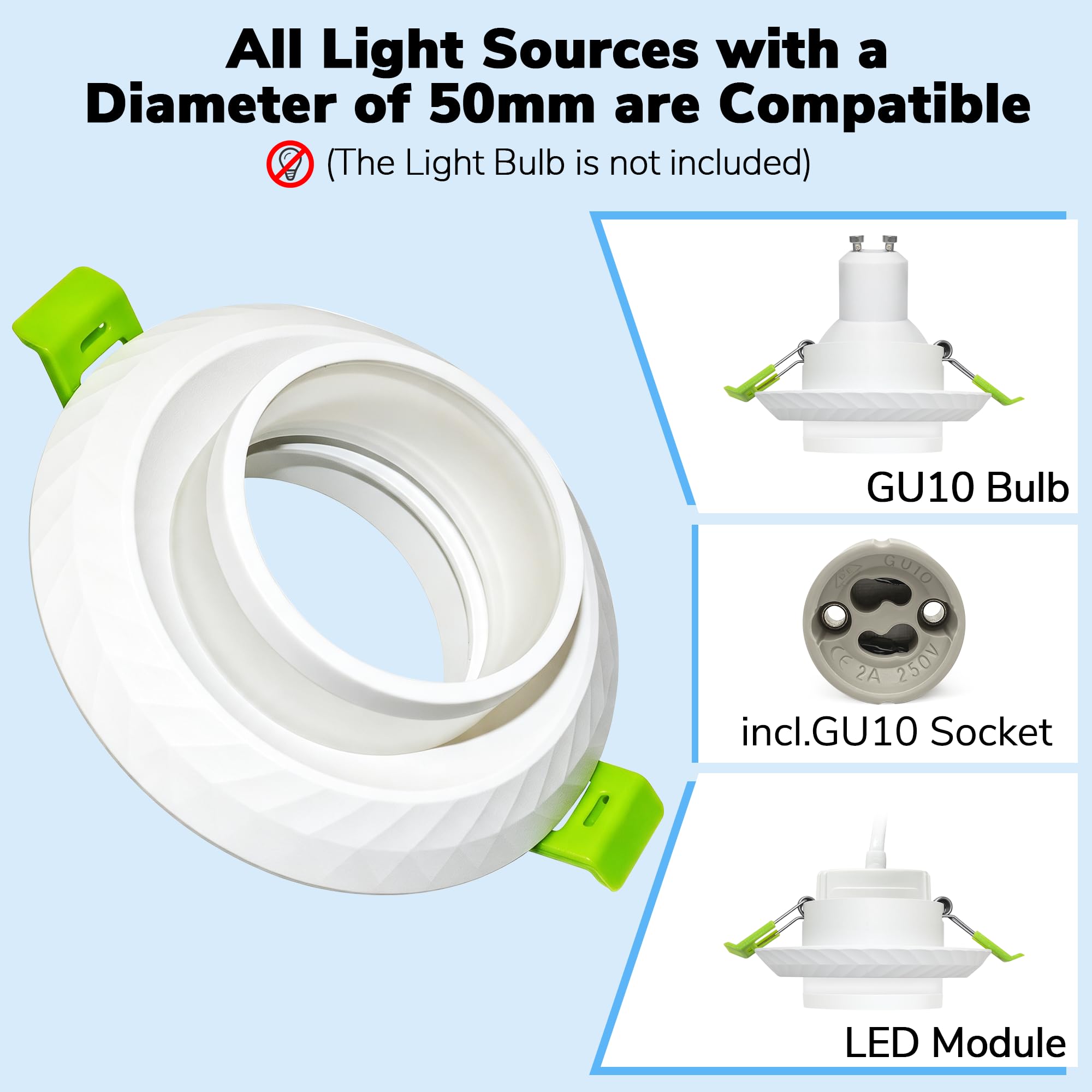 Set 12 Faretti da Incasso GU10, Ghiera Alluminio Bianco, con Portalampada GU10, Design Anti-Abbagliamento, Foro Regolabile 60-75mm, Ristrutturazione & Nuova Costruzione, Senza Lampadina