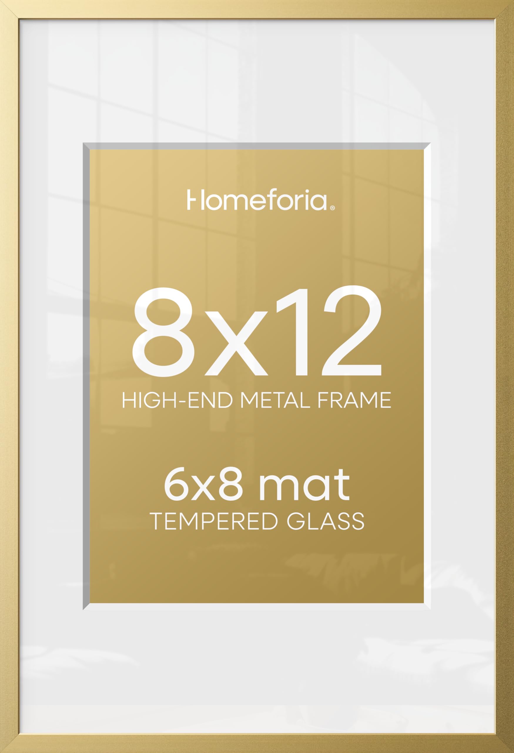 Homeforia 8x12 Gold Picture Frame, High-End Metal, 6x8 Mat, Glass | High End Aluminum, Tempered Glass, Acid-Free 6x8 Removable Mat, 8x12 in Edge-to-Edge Display 12x8, Wall Kit, Set Of 4
