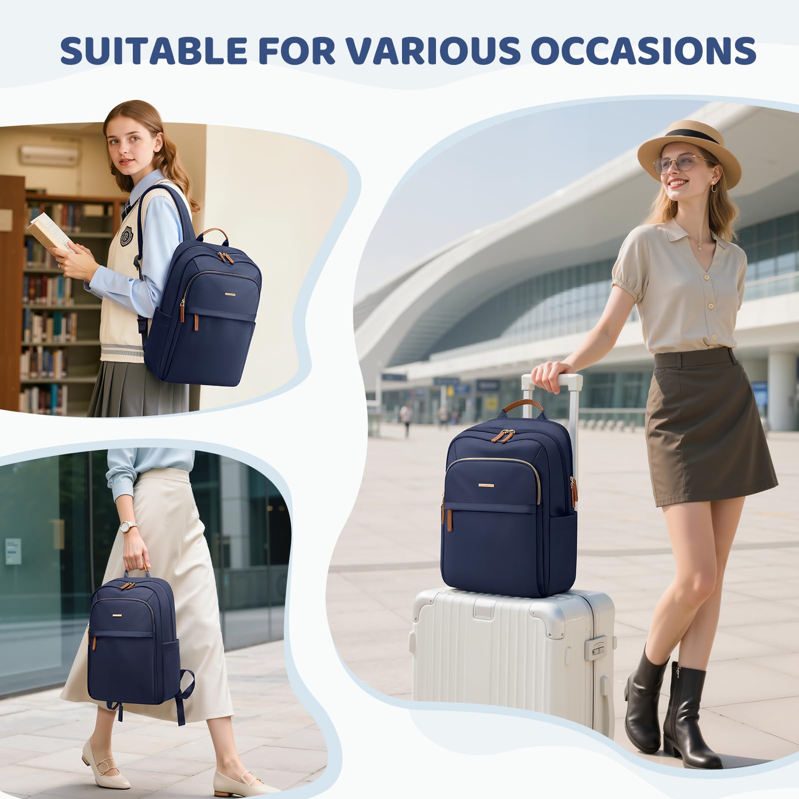 Sac à dos de voyage GOLF QUALITY pour femmes Sac de transport imperméable Sac de week-end d'affaires Sac à dos de randonnée Multicouche Sac pour ordinateur portable, 16 pouces, A-bleu marine., 16 Inch