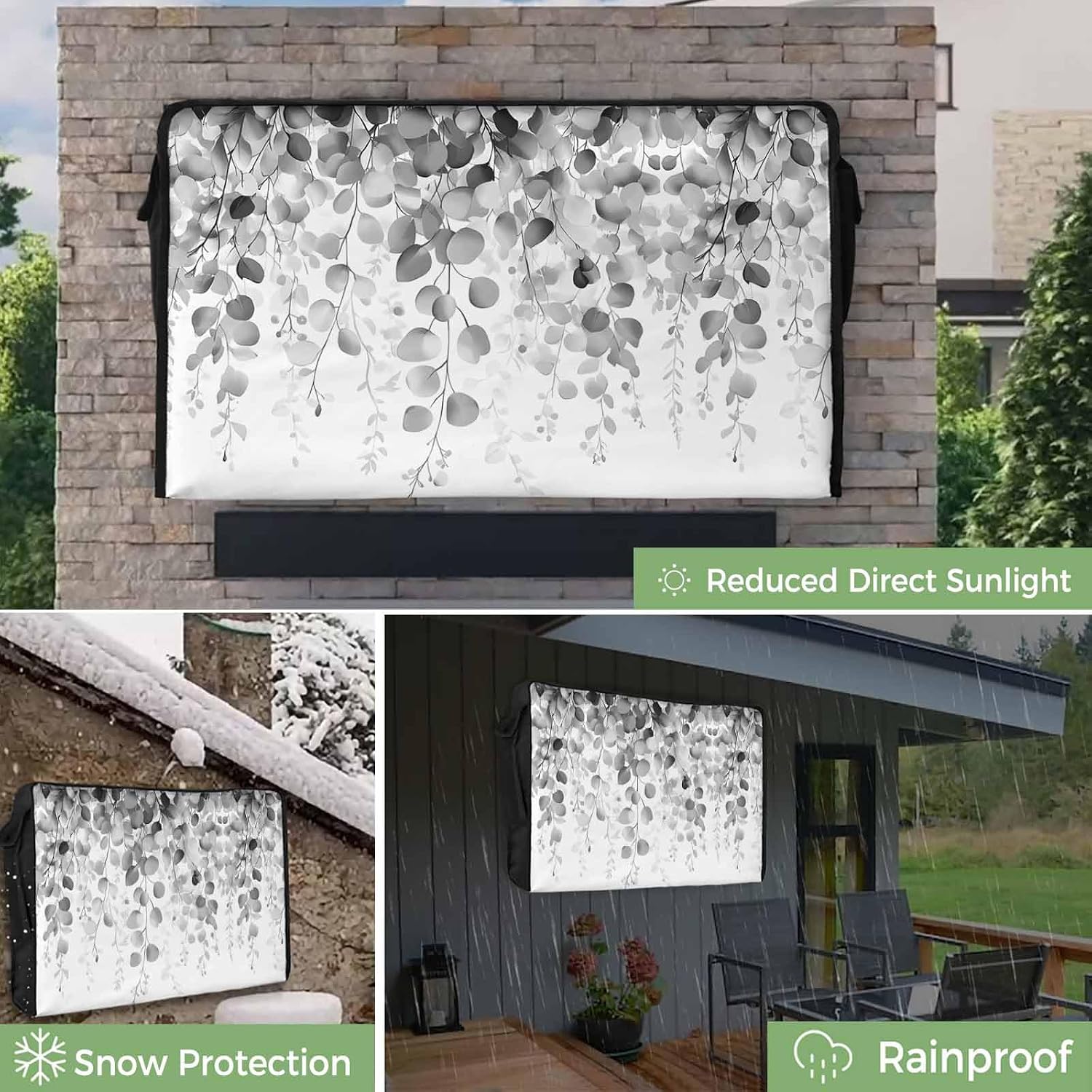 Outdoor TV Cover 75 Inch Gray Eucalyptus Leaves TV Enclosure Leaf Plant TV Covers for Outside TV Display Screen Protector with Remote Control Pocket Home Decor
