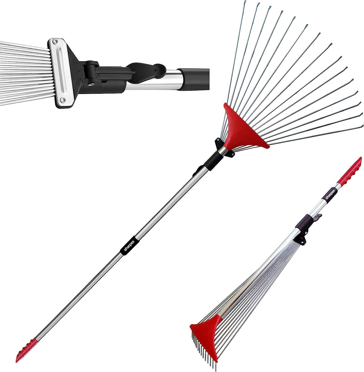 Sharpex Telescopic Metal Leaf Rake, 31-62 Inch Adjustable Steel Handle, Heavy Duty Lawn & Yard Rake for Leaves, Grass, Debris & Roof Cleaning, Durable Outdoor Garden Tool, Red