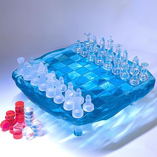 Juego de ajedrez de resina 3D de lujo con piezas de ajedrez de vidrio, juego de combinación de ajedrez y damas, adecuado para niños y adultos,