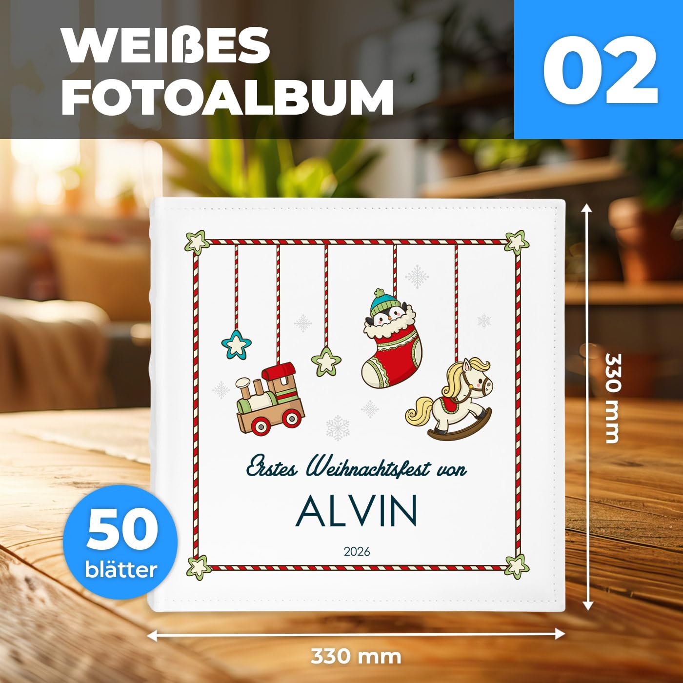 Maverton Einsteckalbum mit Aufdruck - Fotoalbum zum Einstecken für 500 Fotos 10x15 cm - 33x33cm - Weiß - Weihnachtsgeschenke für Frauen und Männer - personalisierte Geschenke zu Weihnachten