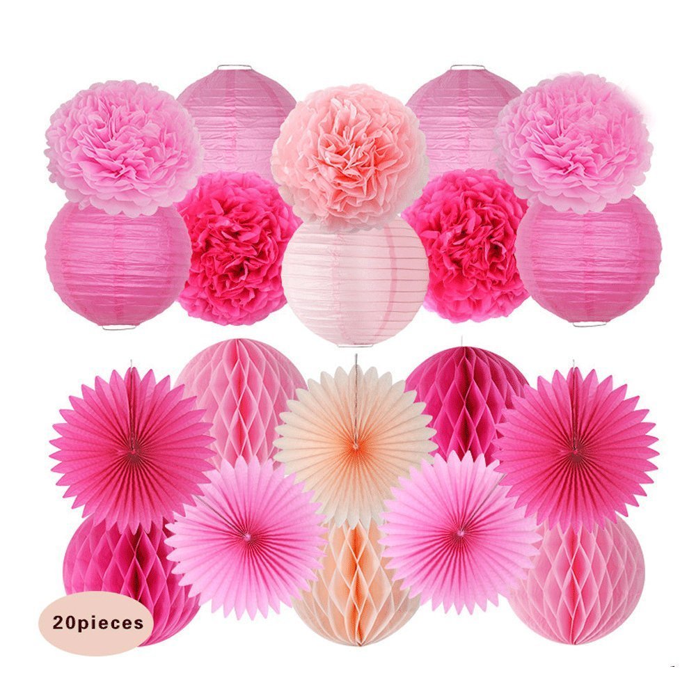 Sogorge 20 Pcs Rose Peach Pink Paper Lantern Honeycomb Ball pom pom for Baby Shower Birthday Decoration,Bridal Wedding Party Supplie