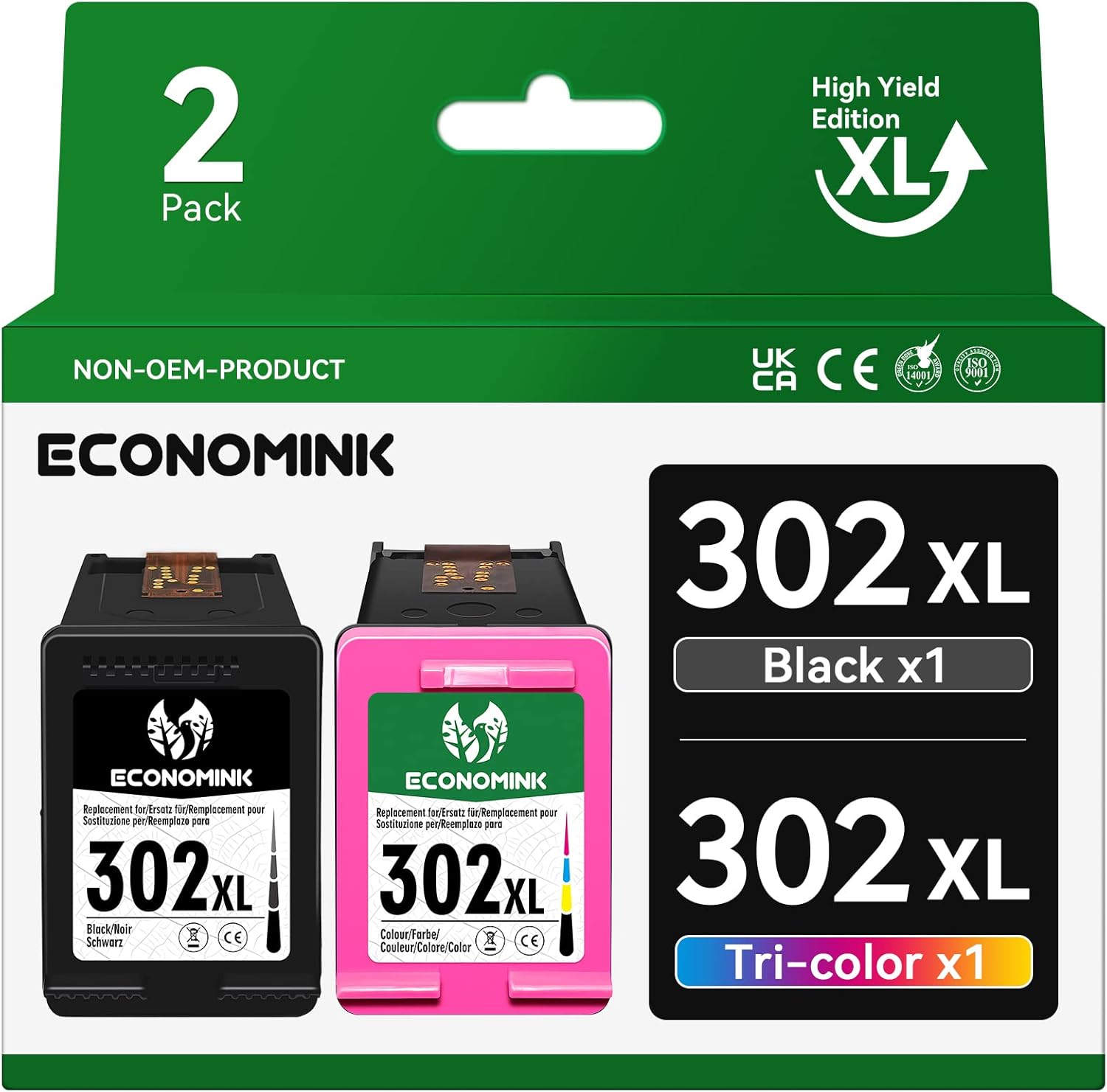 Economink 302 Ink Cartridges Black and Colour Remanufactured for HP 302 Ink Cartridges Combo