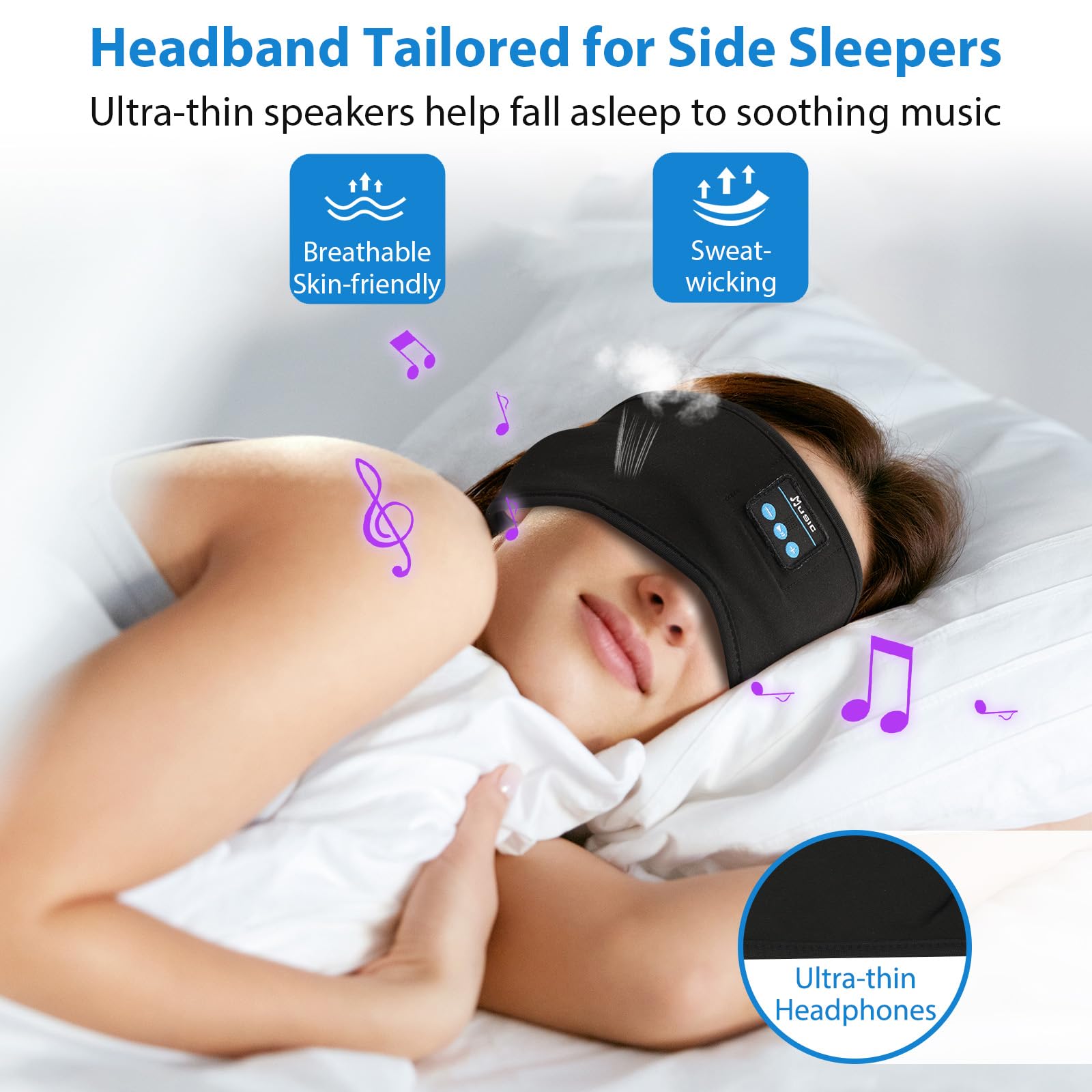 Adjustable Sleeping Headphones, Headband Headphones, Hook-and-Loop Bluetooth Headband with Thin Speakers for Yoga, Running, Workout, Travel, Gift 2