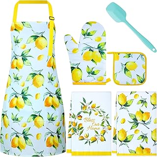 Hoolerry 6 Pcs Kitchen Apron Dish Towels Oven Mitts and Pot Holders with...