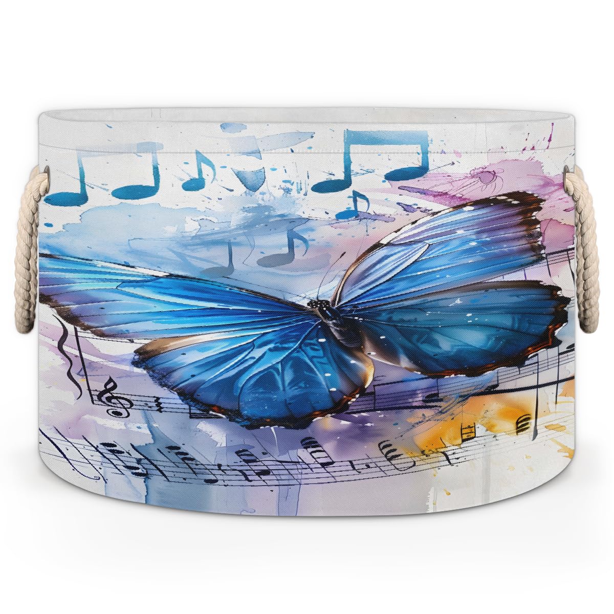 Large Round Storage Basket with Handle Animal Butterfly Musical Note Kids Toy Storage Bin Foldable Laundry Hamper Cube Clothes Blanket Organizer Box for Living Room Bedroom Laundry Room Storage Decor