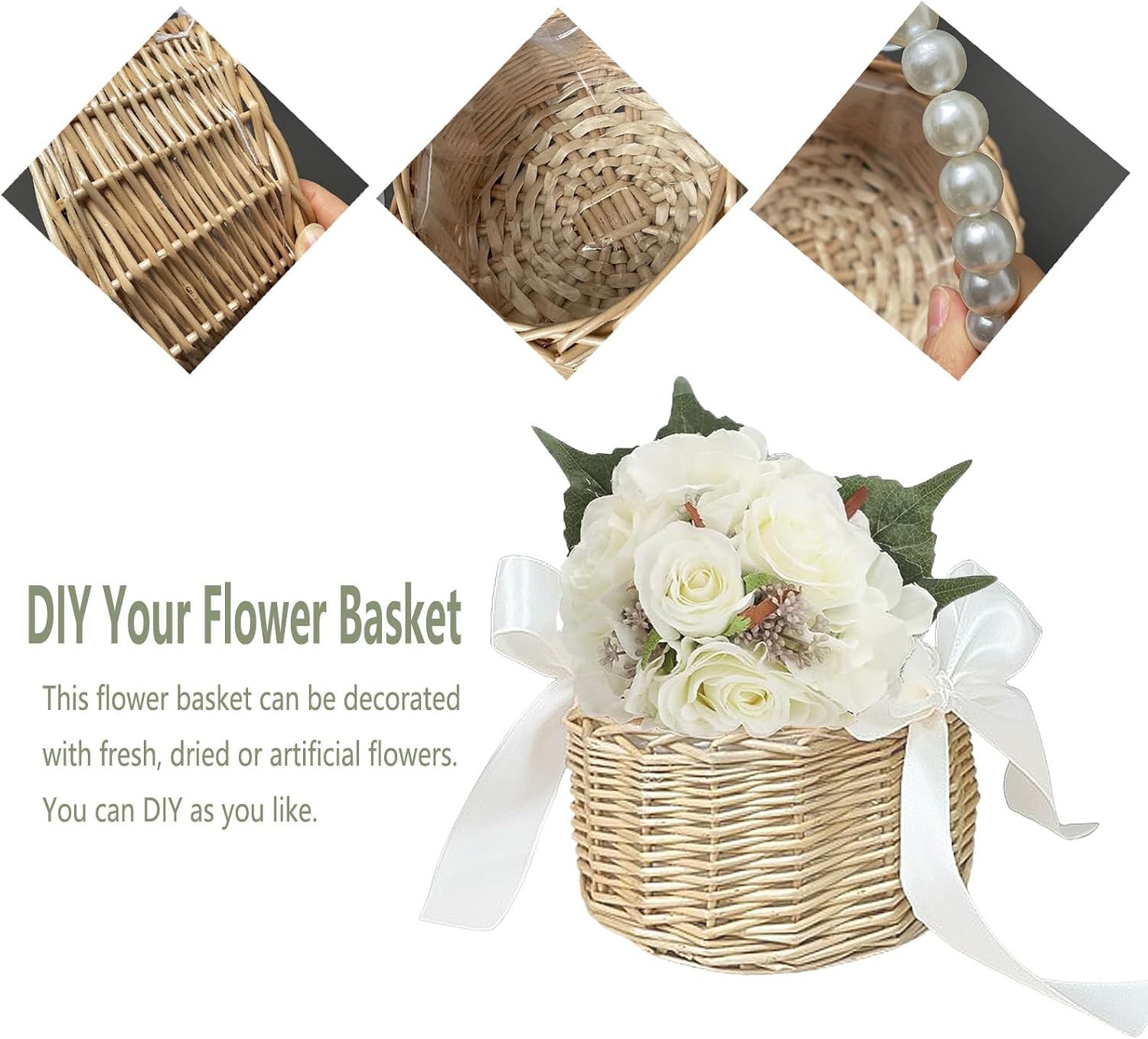 Flower Girl Basket with Pearl Handle Wedding Flower Basket Cute Rattan Wicker Basket with White Ribbon Wicker Storage Basket Decorative Baskets for Home Decor