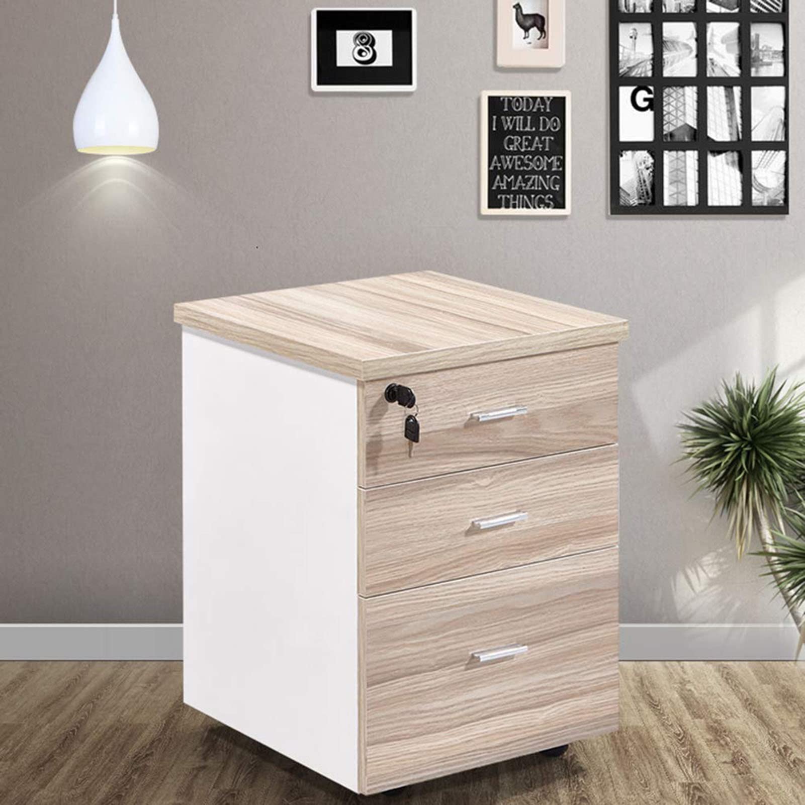 ASerZenith Solid Wood Nightstand With Lockable Drawers And Rolling Wheels Office Document Storage Cabinet For Desktop Nizing,A