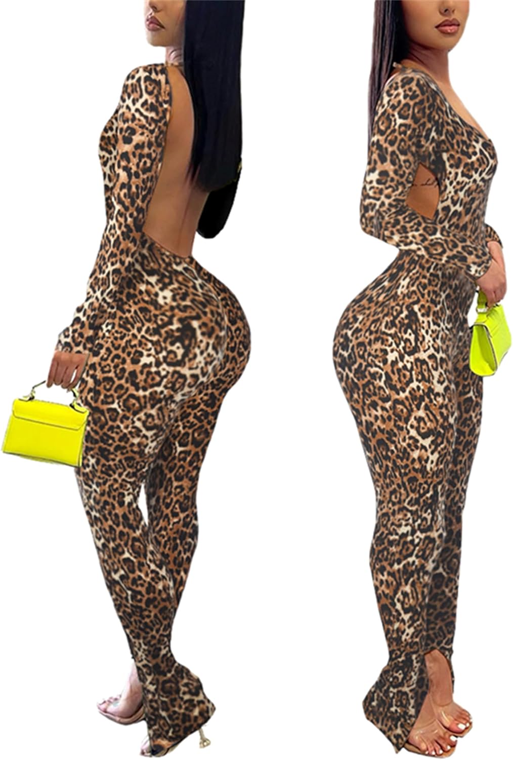 Hafailia Womens Jumpsuit Long Sleeve One Piece Jumpsuits Leopard Print Sexy Backless Bodycon High Waisted Club Outfits Catsuits