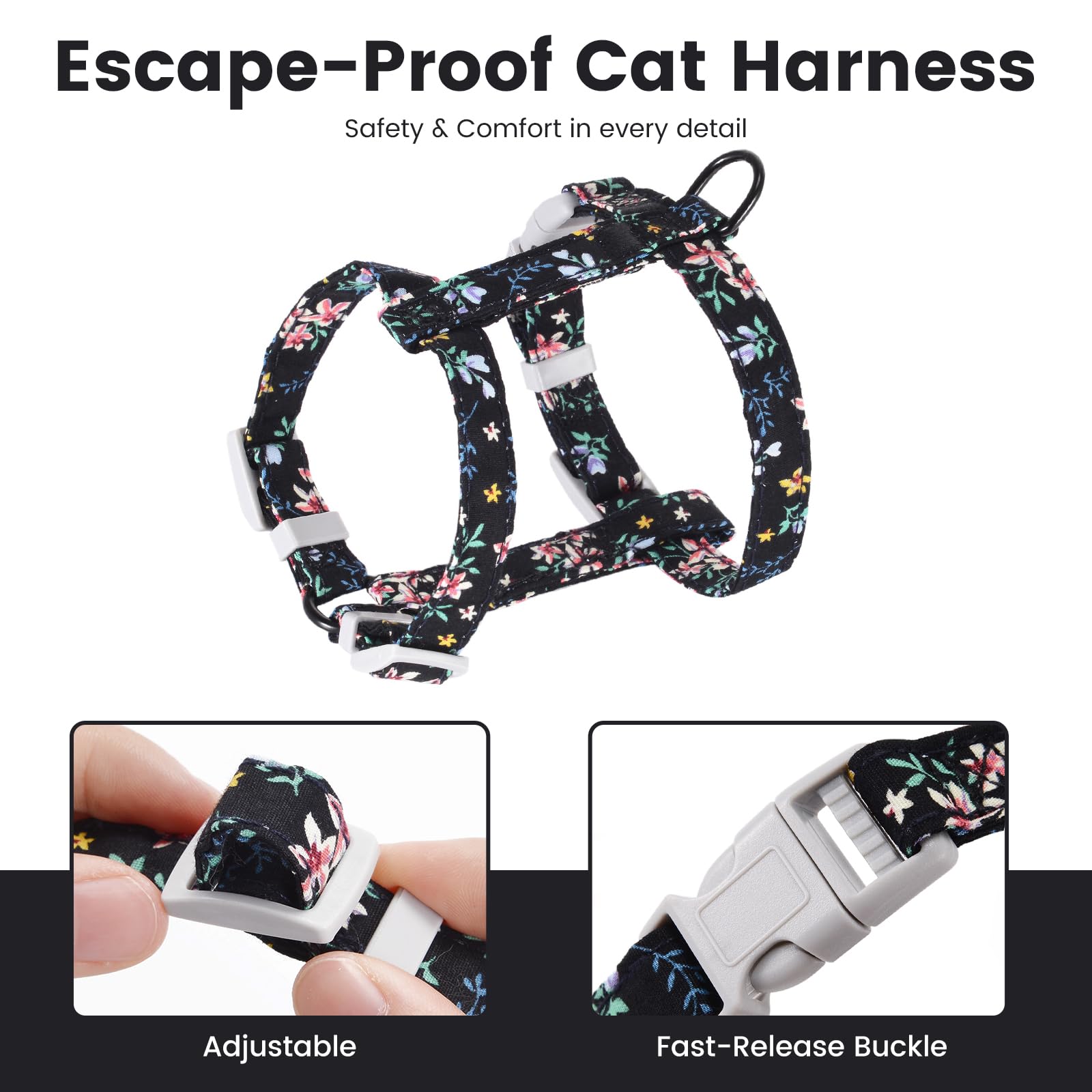 PETTOM Blumenmuster katzengeschirr mit Leine katzenleine mit Geschirr für Katzen mit Rundes Schlüsselband Ausbruchsicher Einstellbarer Brustgurt Geeignet für kleine und mittlere Katzen