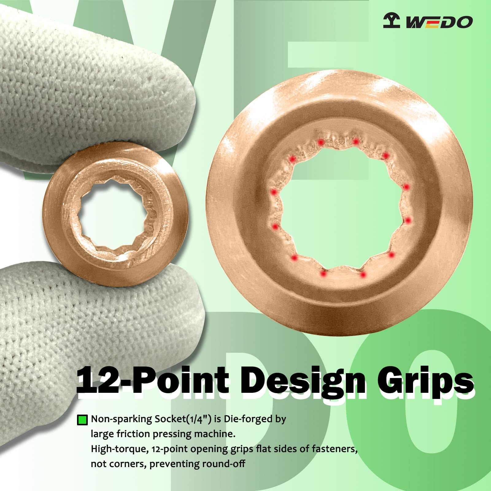 WEDO Beryllium Copper Non-Sparking 1/4" Dr Socket Set 10-częściowy zestaw narzędzi, w tym gniazdo, uchwyt typu napędowego, śrubokręt płaski, wkrętarka Stubby DIN Standard