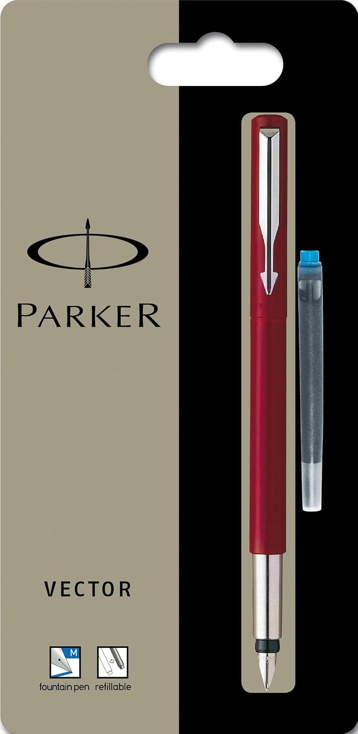 Parker Vector Standard Red Fountain Pen Medium Nib, Blue Ink