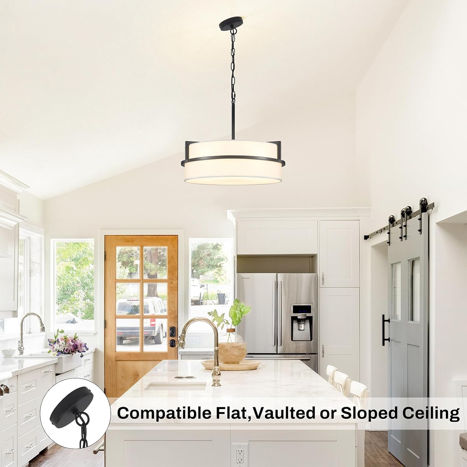 19.7" Black Drum Chandelier,5-Lights Large Drum Pendant Light with White Linen Shade Round Modern Chandeliers for Dining Room Bedroom Kitchen Island Over Table Hanging Ceiling Light Fixtures
