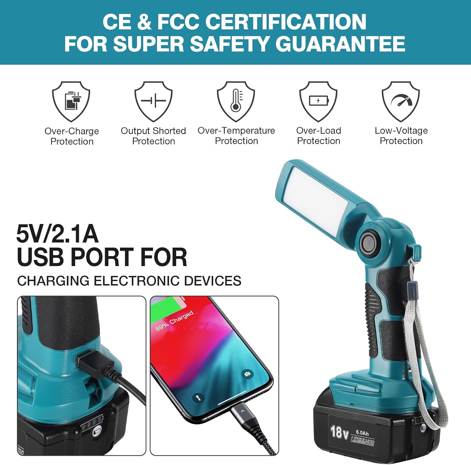 YEX-BUR 12W 1000LM LED Flashlight Work Light for Makita 18V Battery, Jobsite Handheld Spotlight Desk Lamp with 5V 2.1A USB Port, 90 Degree Pivoting Head