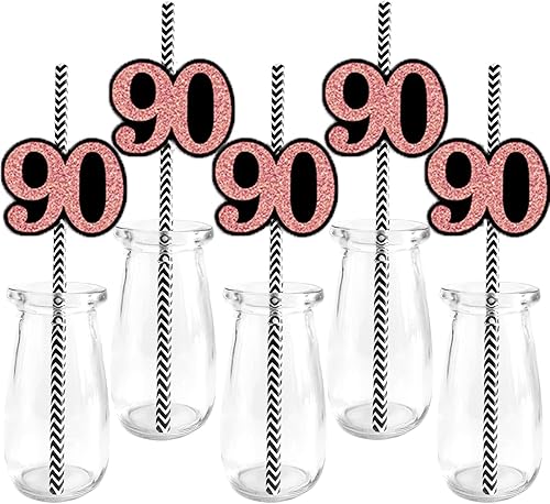 Papel de decoración de paja de 90 cumpleaños, número recortado con purpurina de oro rosa para 90 años, suministros de fiesta de cumpleaños,