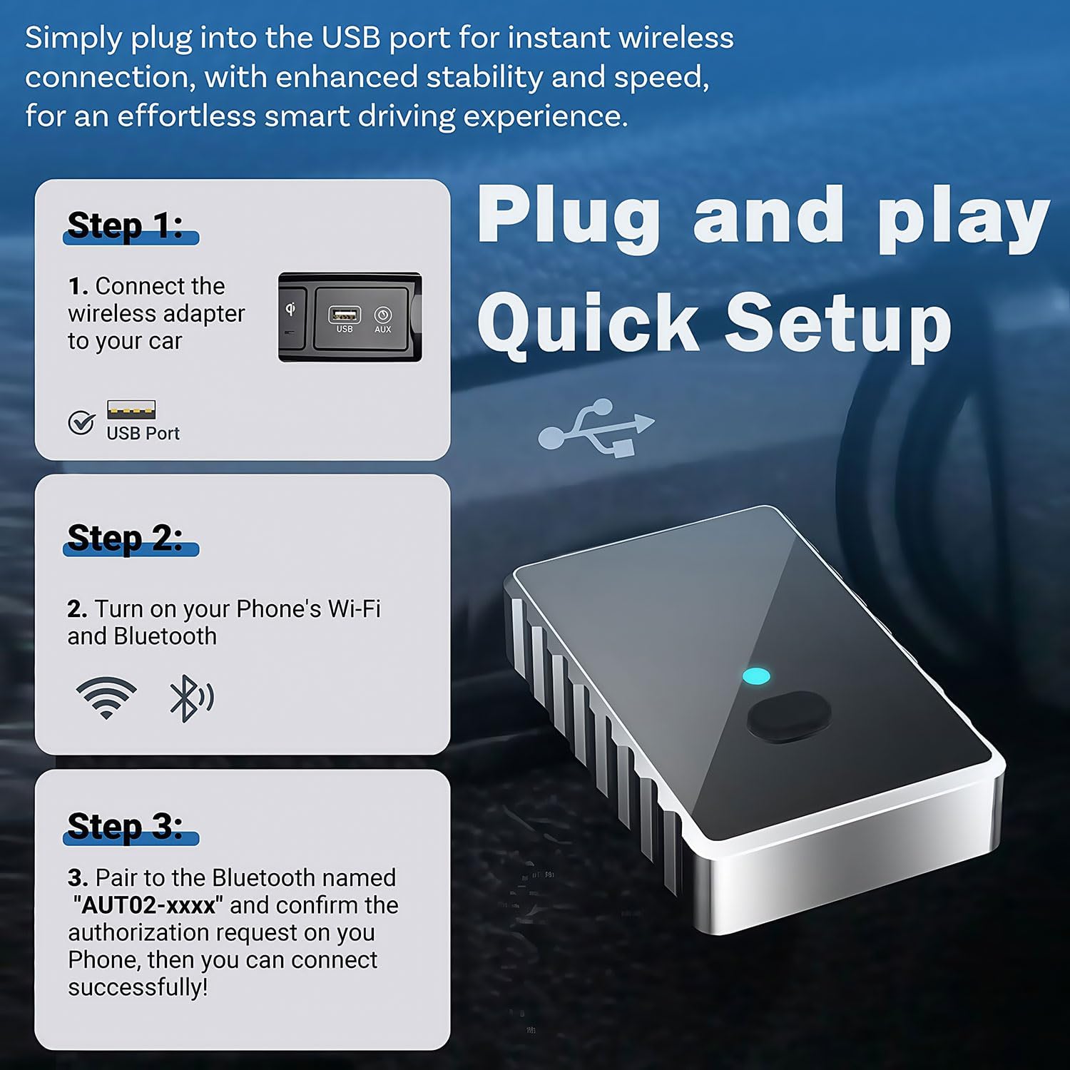 Wireless Carplay Adapter - Android Auto Wireless Adapter US, Conversion from Wired to Wireless with USB to USB C adapter, Plug and Play Bluetooth Car Play Dongle, Compatible with iPhone/Android