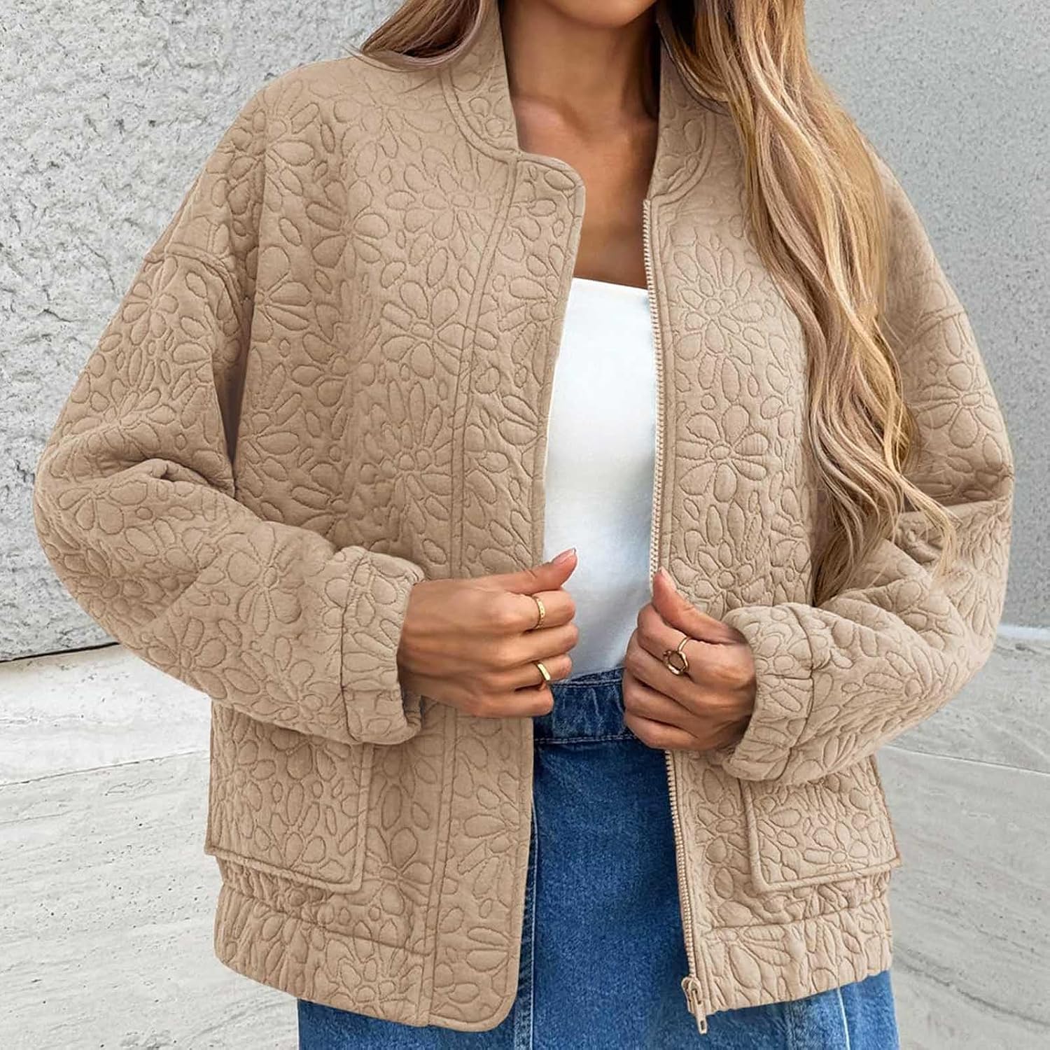 2026 Jackets for Women Zip Up Lightweight Quilted Jacquard Coats Long Sleeve Casual Fall Winter Outerwear