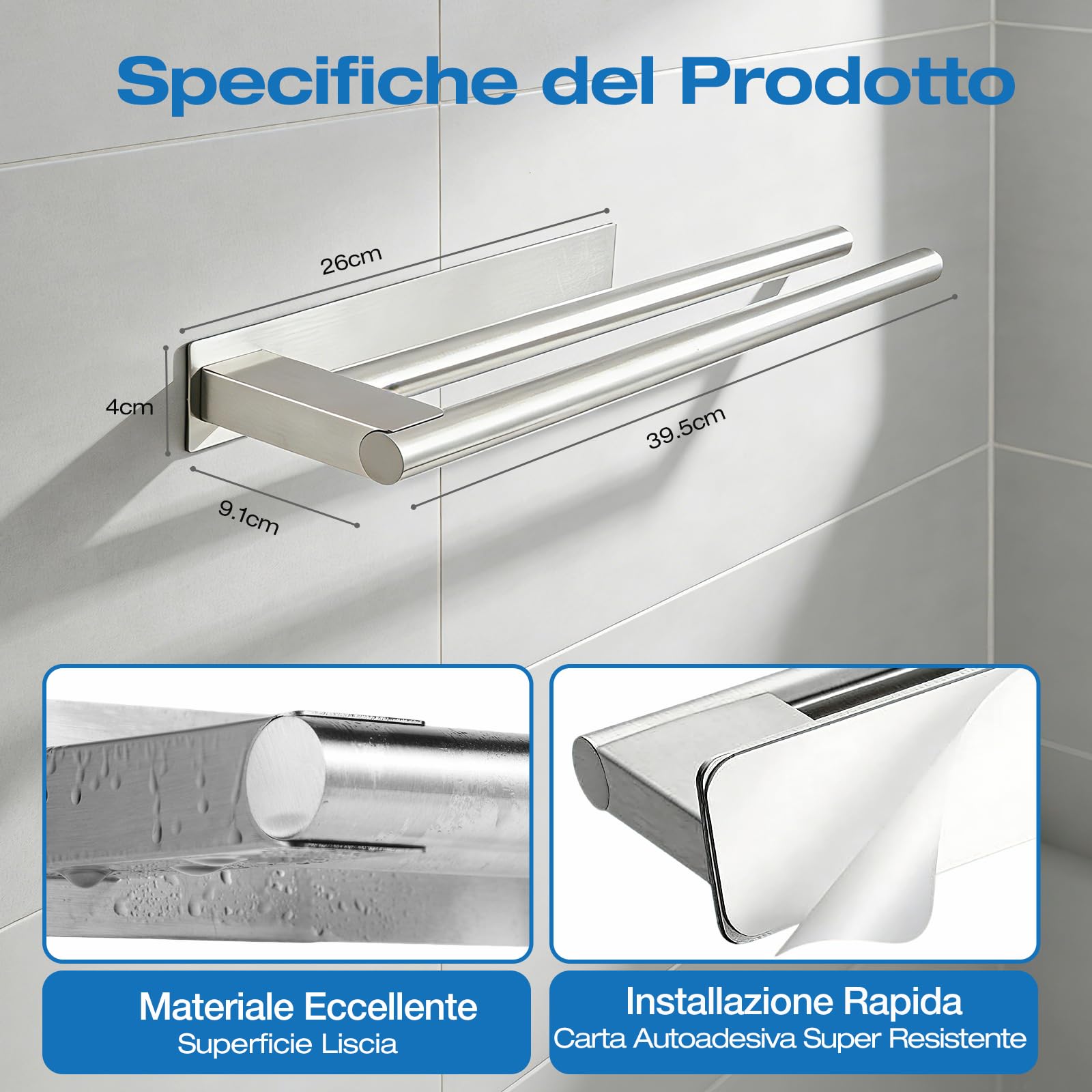 Portasciugamani Senza Foratura, in Acciaio Inox SUS304 Autoadesivo (39 cm), Barra Portasciugamani da Bagno a 2 Bracci, Tenuta Extra-Forte, Porta Asciugamani Adesivo Antiruggine per Bagni