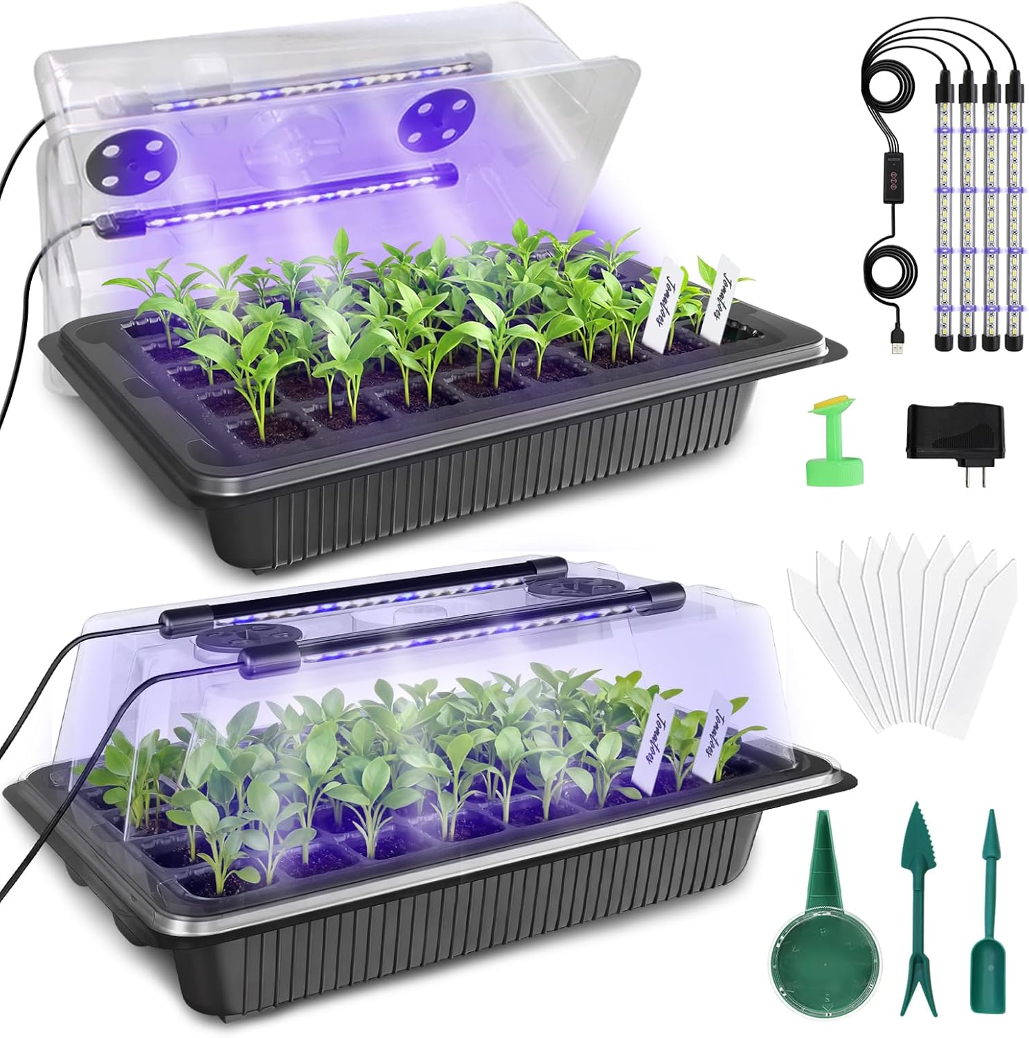 MQUPIN 80-Cell Seed Starter Tray with Grow Light, 2-Pack Adjustable Brightness Seed Starter Kit with Humidity Dome,Smart Timer,Watering Sprayer,Seeder,Plant Germination Kit for Seeds Growing