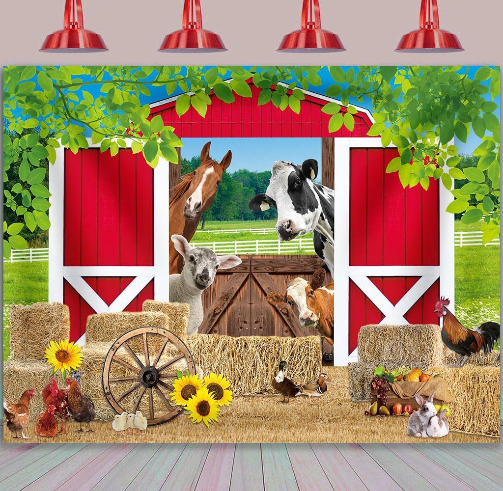 8x6ft Red Barn Farm Backdrop Rustic Animals Green Grass Haystack Scenery Background Little Farmer Barnyard Kid Birthday Baby Shower Party Decoration Banner