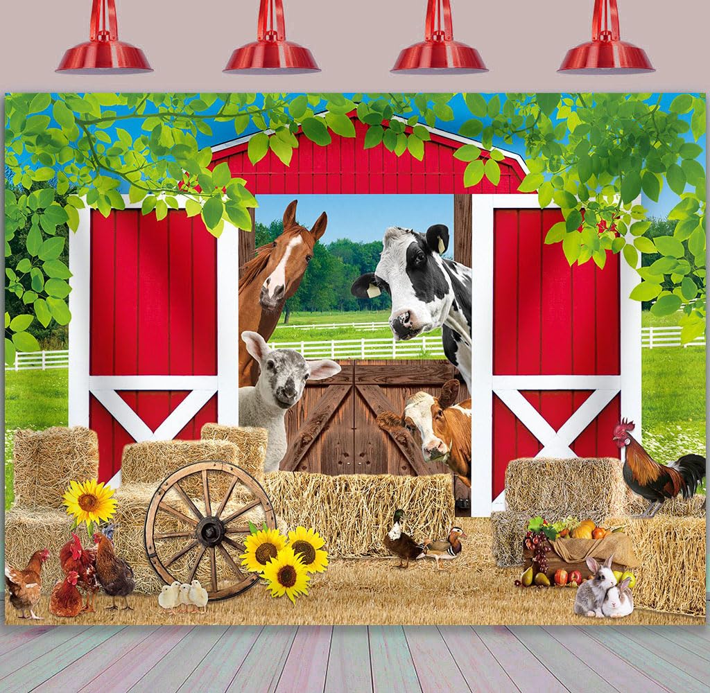 Toile de fond rouge de 2,4 x 1,8 m - Motif ferme - Animaux rustiques - Herbe verte - Décoration de fête