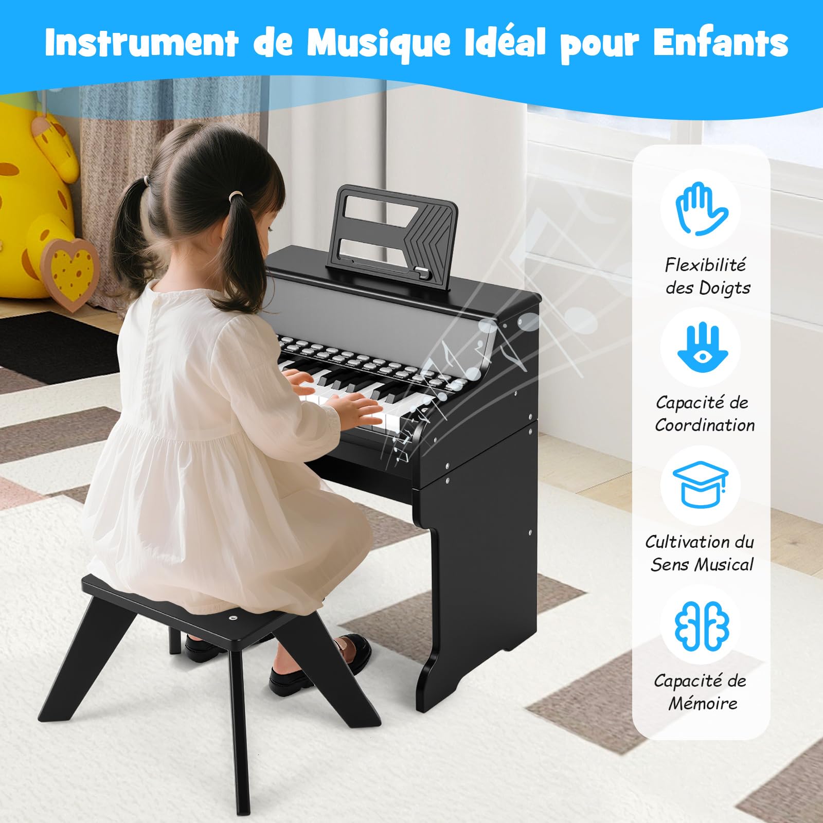 COSTWAY Clavier Piano Enfant 25 Touches, Piano Numérique en Bois avec Tabouret & Pupitre Amovible, Mode d'apprentissage, Vitesse & Volume Réglables, Haut-Parleur pour 3 Ans+ (Noir)