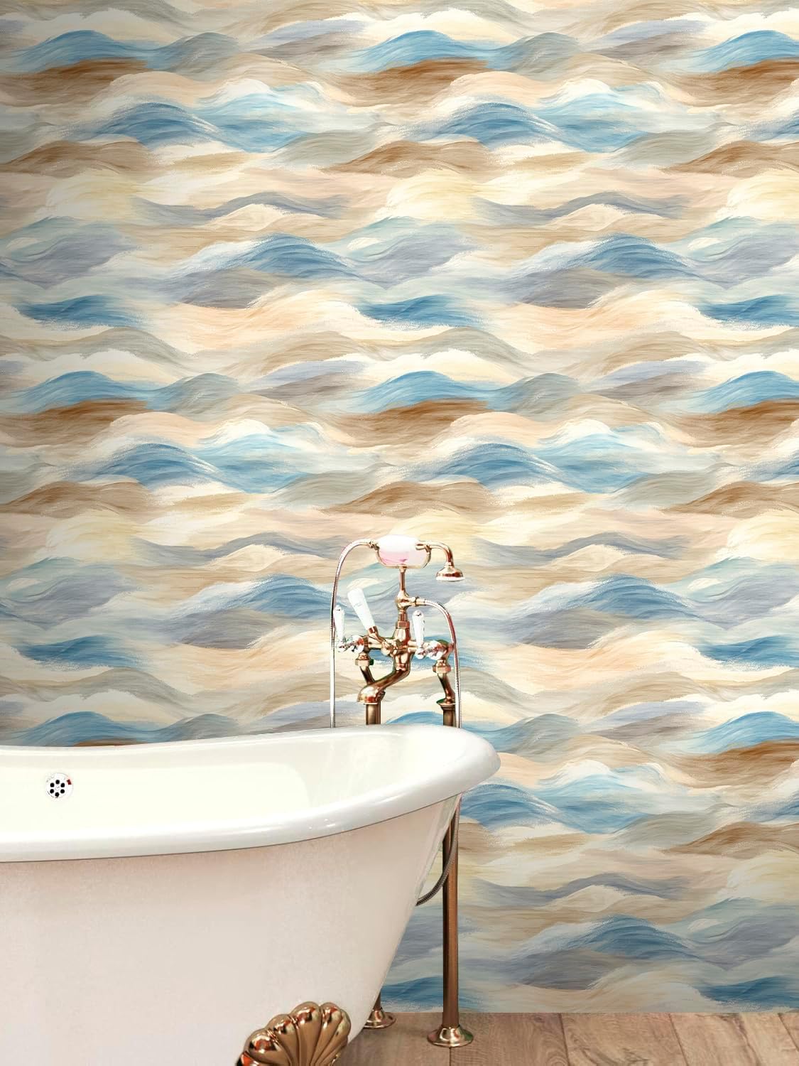 HAOKHOME Coastal Peel and Stick Wallpaper Watercolor Wave Removable Sand Contact Paper for Bathroom Wall Decor Self Adhesive Abstract Ocean Inspired Vinyl 17.3in x 118in