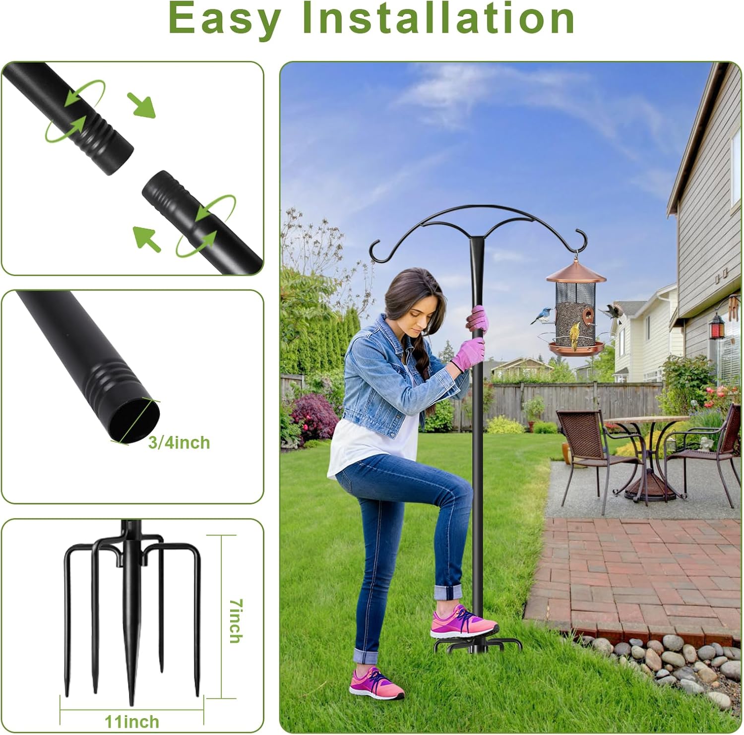 85 Inch Shepherds Hooks for Outdoor,Heavy Duty Shepherds Hooks for Outdoor with 5 Prong Base, Adjustable Stand Hanger for Garden Plant, Hummingbird Feeder, Lantern, Hanging Wedding Decor (1 Pack)