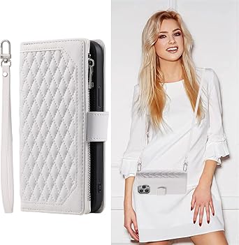 Crossbody Wallet Case for Apple iPhone 12 Pro Max Leather Phone Case with Card Holder Kickstand & Wrist Strap Cover Magnetic Closure Flip Handbag Zipper Purse Shell for WomenWhite