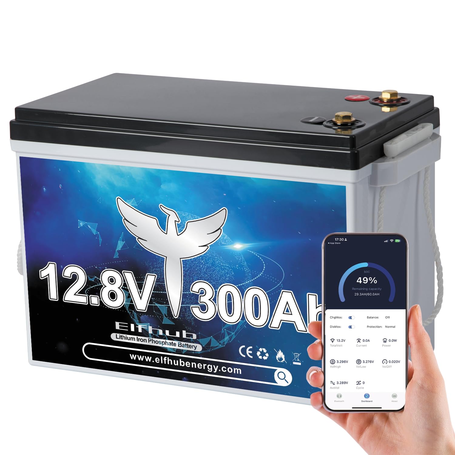 Batteria per auto LiFePO4 da 12 V 300 Ah con Bluetooth, BMS integrato da 200 A, batteria al litio a ciclo profondo da 3840 Wh, oltre 4000 cicli, ideale per camper e rimorchi solari