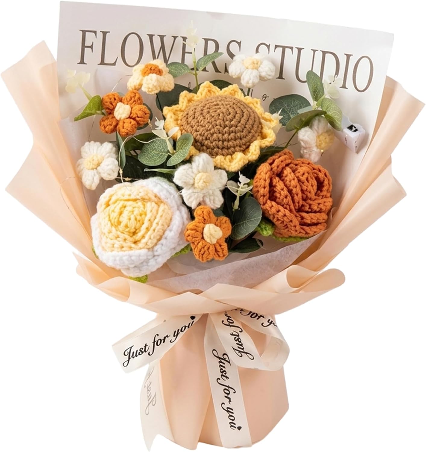 Crochet Flower Bouquet - Knitted Roses & Tulips, Long-Lasting Bouquet of Crochet Flowers for Birthday, Mother, Teacher, Home Decor, Champagne of Flowers Knitted