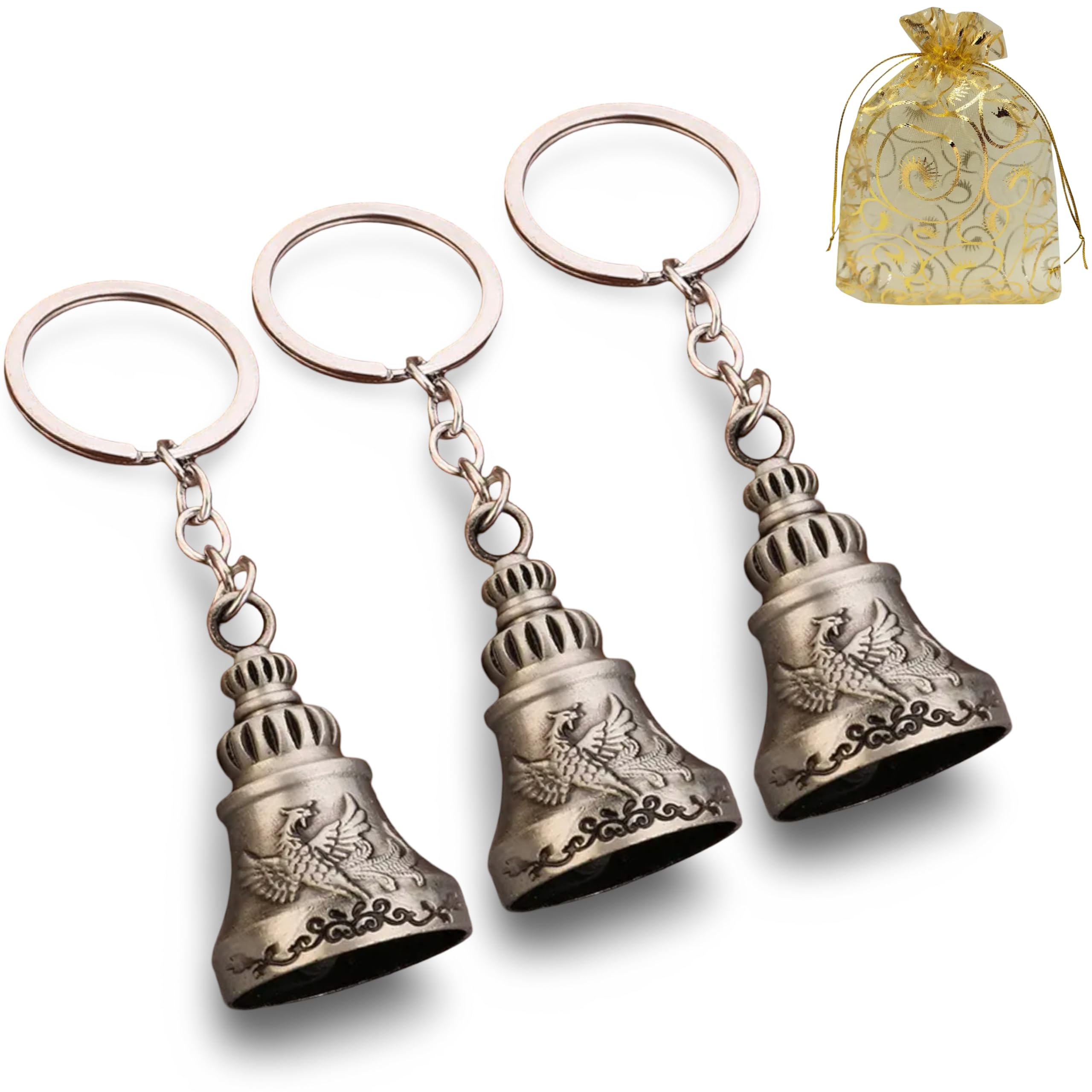 AEROSTARK Set of 3 Silver Phoenix Guardian Bell Keychains