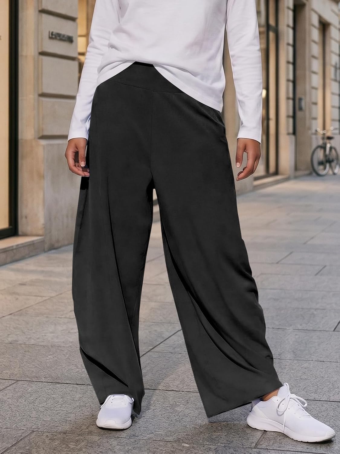 Fisoew Women's Baggy Wide Leg Track Pants Casual Elastic High Waisted Barrel Active Gym Trousers with Pockets