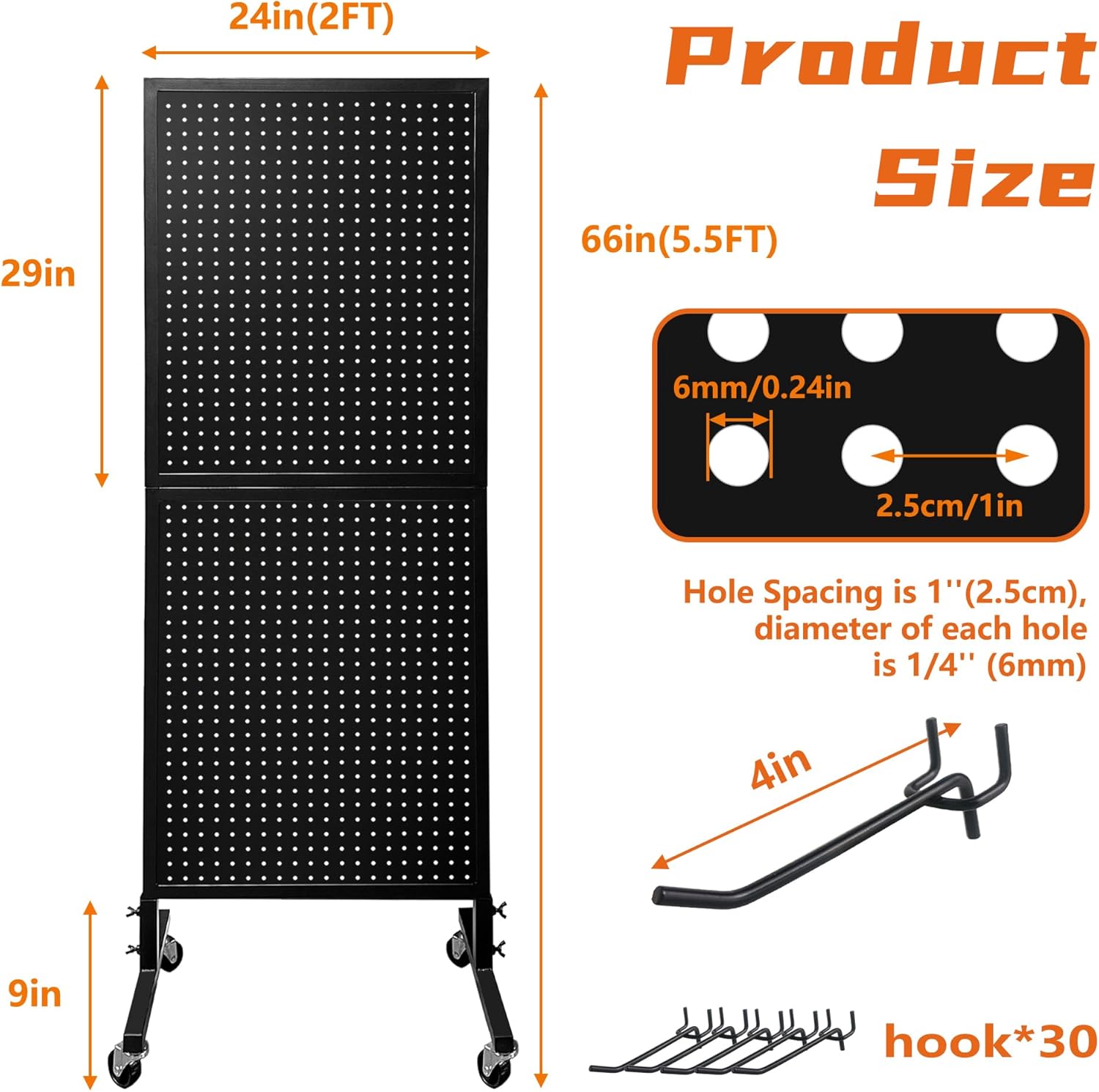 Royxen 2 x 5.5 Feet Pegboard with 30 Hooks, Pegboard Display with Wheels, Standing Pegboard Display, Metal (Black)