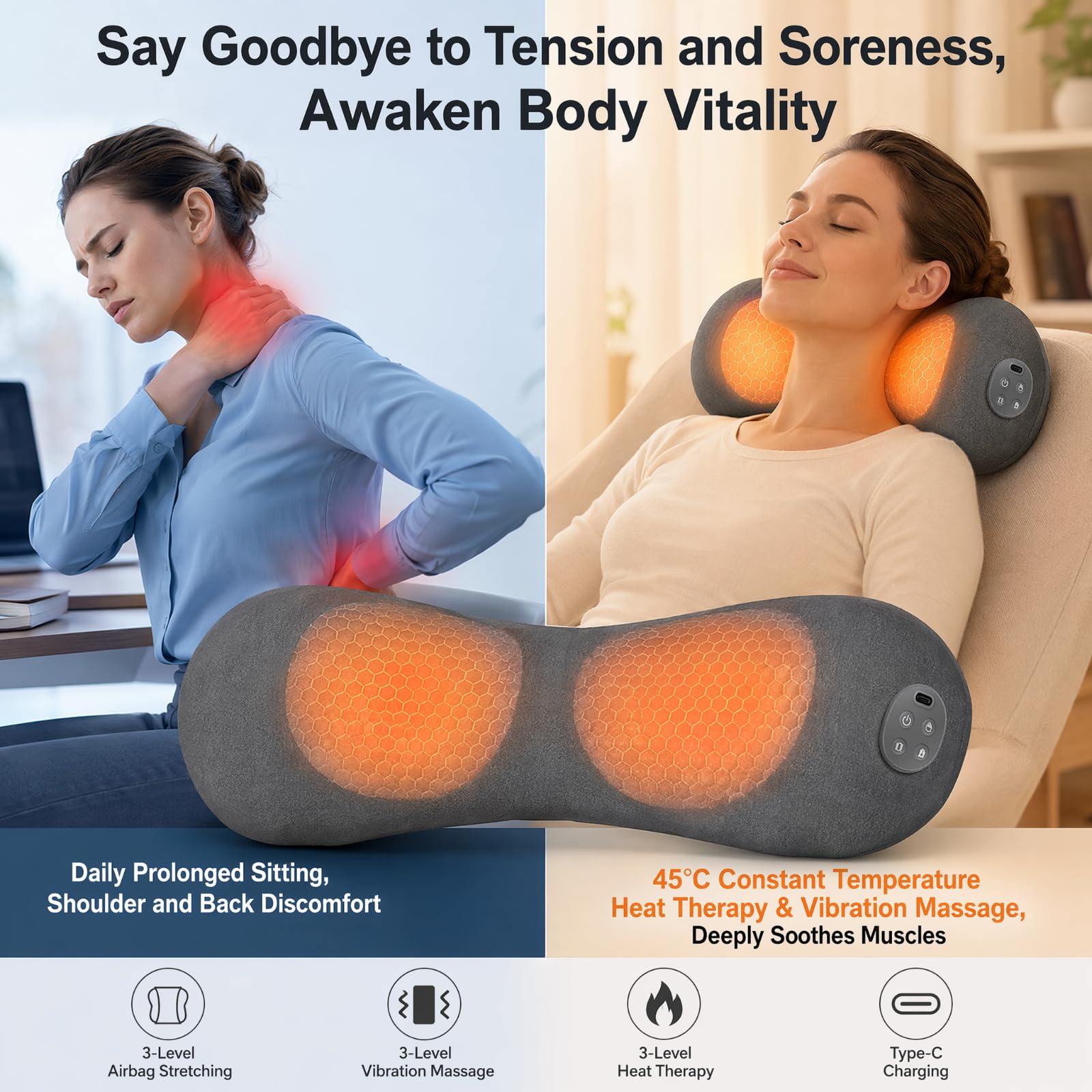 3 in 1 Rückenmassagegerät mit Massage Wärme und Vibration | Massagegerät Nacken mit Air Lift Funktio, Ergonomisches Memory-Schaum Massagegerät für Nacken Rücken Schulter