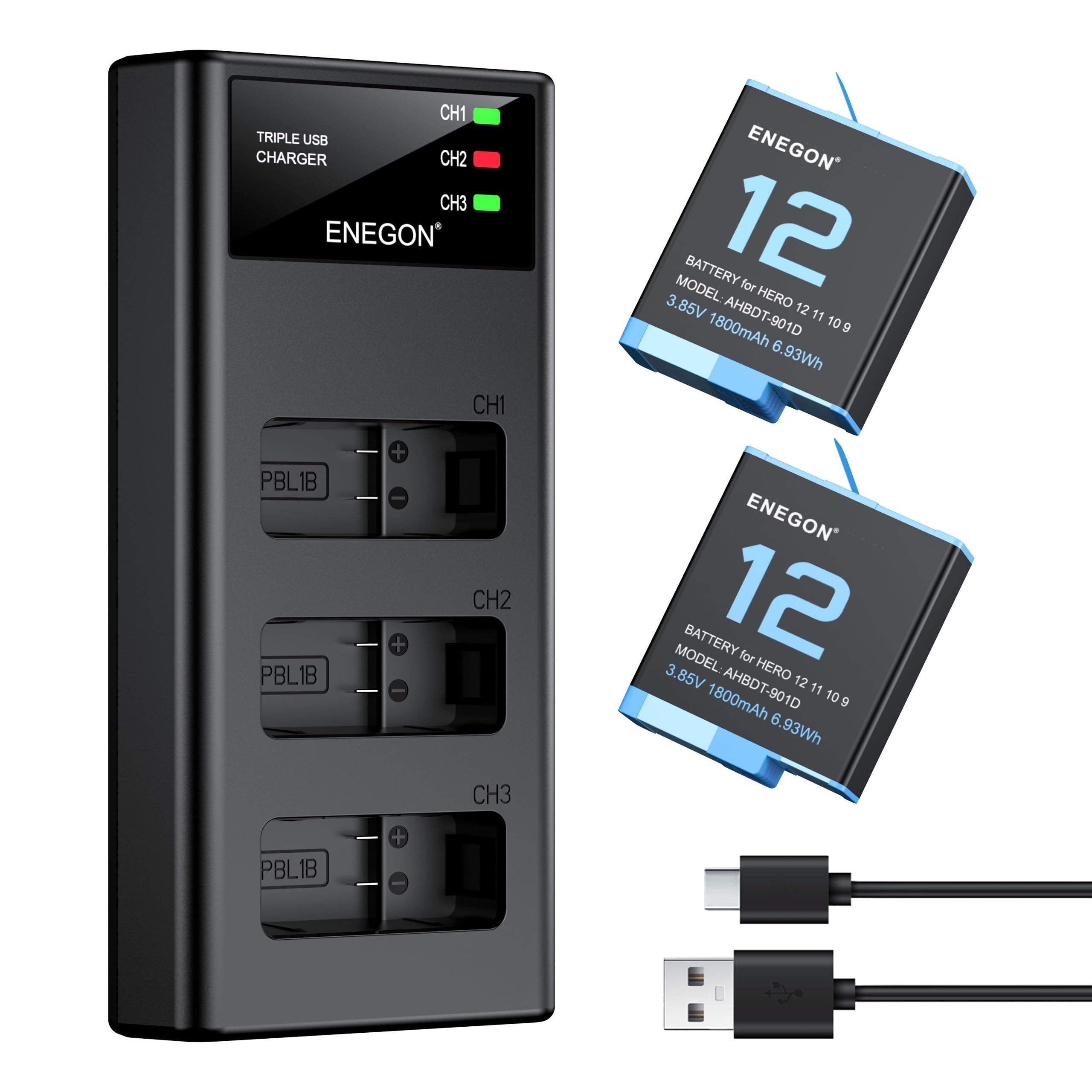 Amazon | ENEGON Hero 12 11 10 9 バッテリー (1800mAh 2個) 充電器 