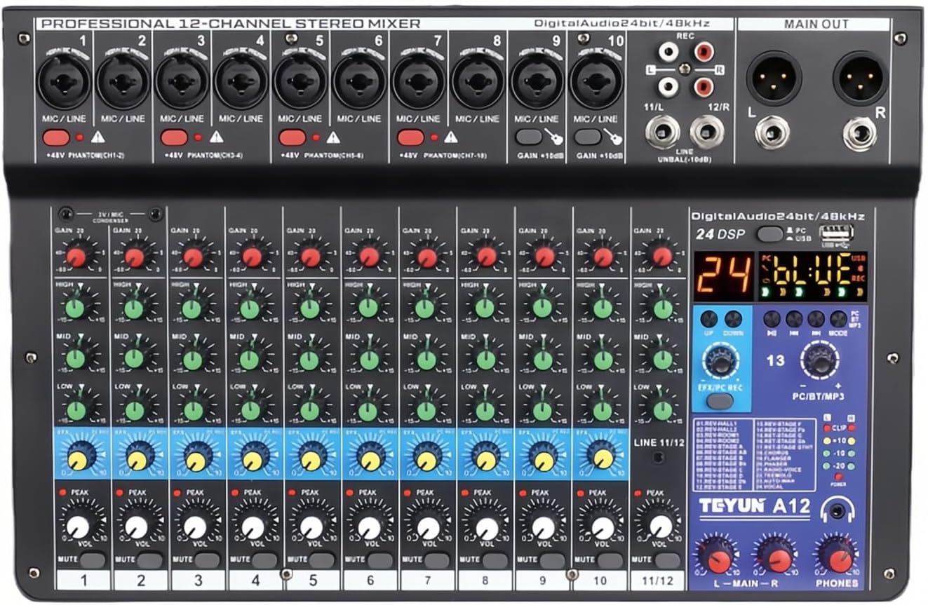 TEYUN 12 Channel Audio Mixer, Professional DJ Mixer with USB/Bluetooth, 48V Phantom Power, Built-In Digital Effects for Music Recording, Live Stage, YouTube, TikTok Streaming