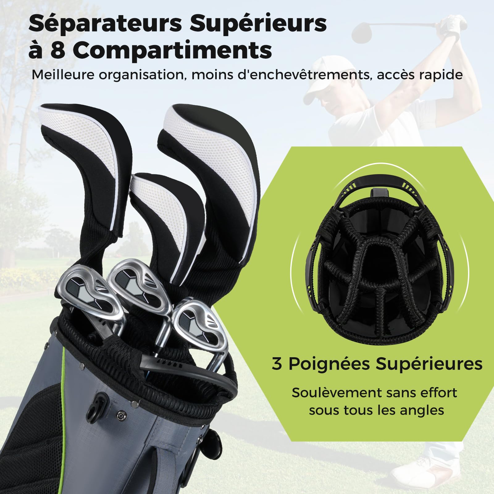 COSTWAY Sac de Golf Léger avec 8 Compartiments Supérieurs et 5 Poches Zippées, Sac de Club de Golf Portable avec Bandoulière Réglable Housse de Pluie et Porte-Parapluie pour Femmes/Hommes