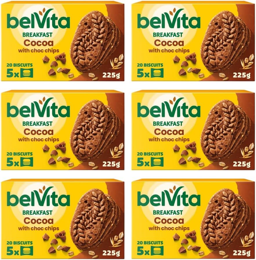 Biscuits & Cookies Bundle with Belvita Cocoa Choc Chips Breakfast Biscuits 225g - 6 Pack | 5 Wholegrains & Natural Source of Fibre, Suitable For Vegetarians.