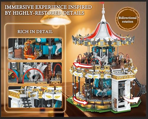 Miniatura 2 de Sosuy Juego de construcción de carrusel, modelo eléctrico motorizado Merry-Go-Round, juguete de parque de atracciones para niños, niñas y