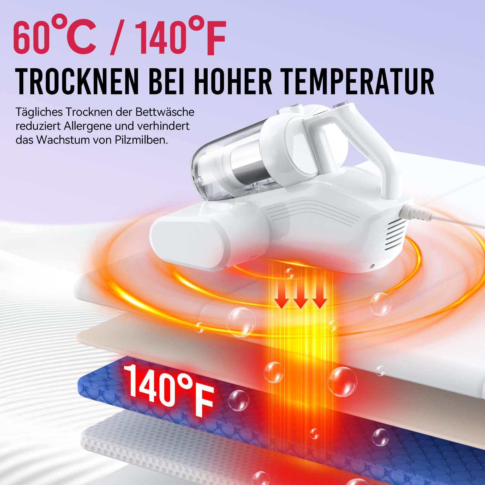 Milbensauger für Matratzen mit UV-Licht, 16KPa, HEPA-Filter, Heißluftfunktion, Staubmilben-Sensor, 600W Handstaubsauger (Weiß)