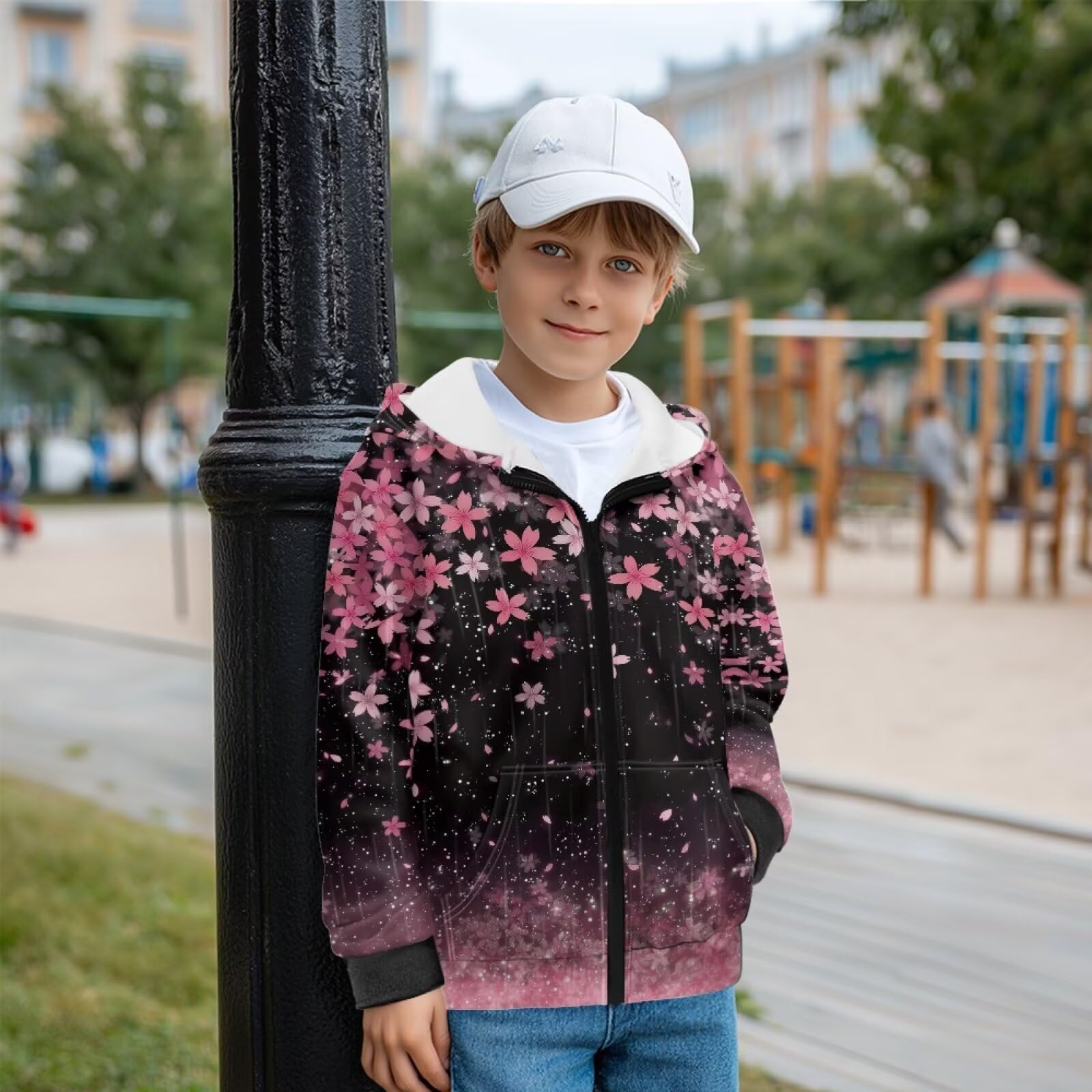 Różowe kwiaty wiśni nadruk zamek błyskawiczny przednie bluzy z kapturem dla dzieci bluza z długim rękawem kurtka polarowa z kieszeniami dla chłopców dziewcząt jesienny top ubrania zimowe, M