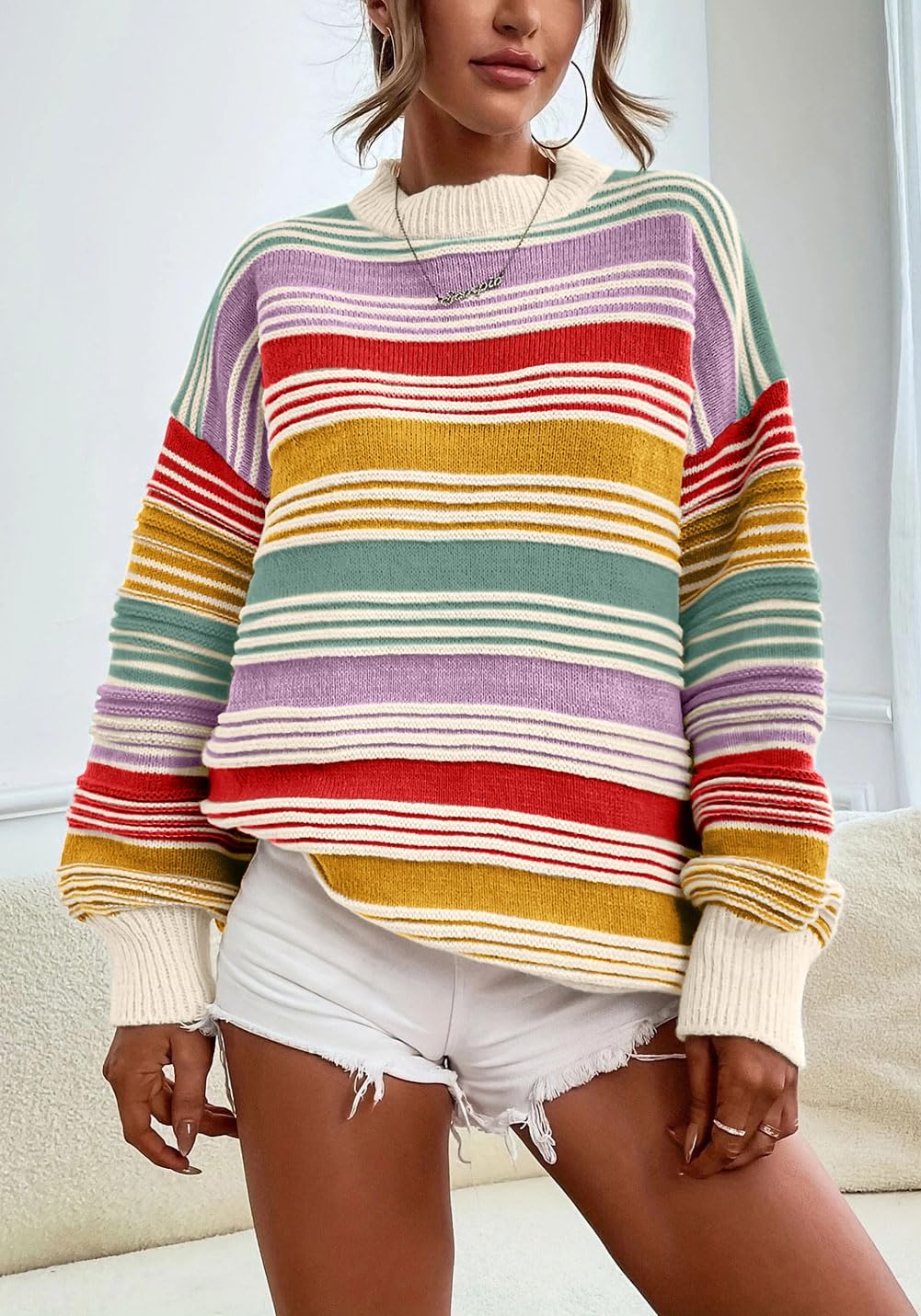 CHARTOU Women Contrast Striped Pullover Sweater 2025 Fall Outfits Oversized Knit Jumper Tops - Image 5