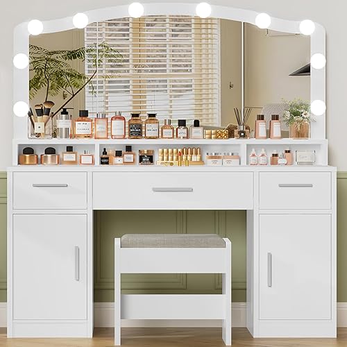 usikey 43.3” Vanity Desk with Large Mirror and Lights, Makeup Vanity with 3 Lighting Color Adjustable, Dressing Table Set with Storage Cabinet, Drawers and Chair, Girls Vanity, White