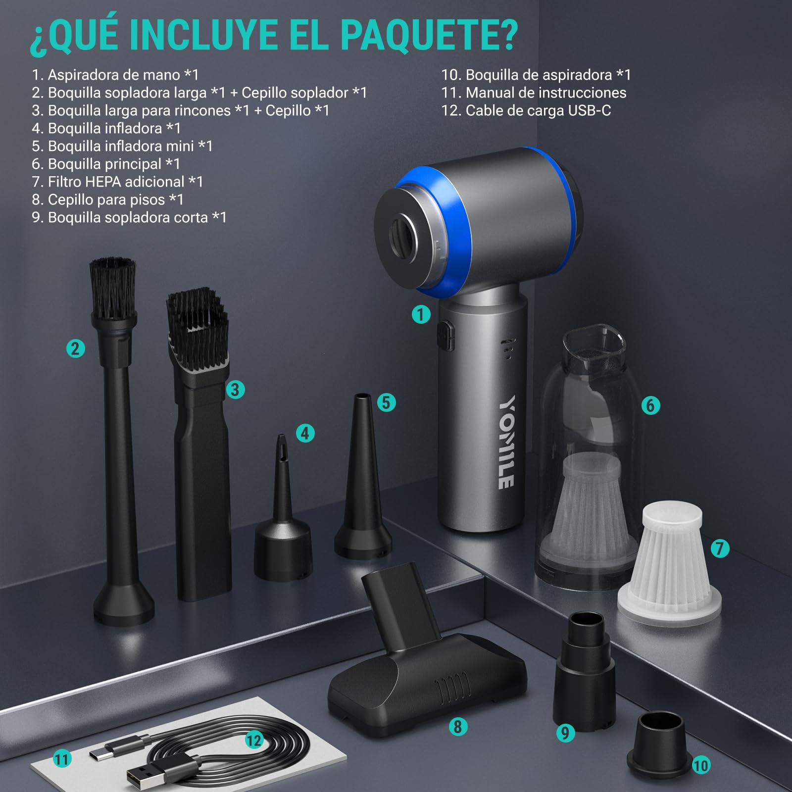 Yomile Aspirador de Mano, 25000Pa/120W Mini Aspirador Recargable, Aspiradoras de Mano con Motor sin Escobillas de 210.000 RPM, Aspirador sin Cable para Coche, para Uso en la Oficina, el hogar